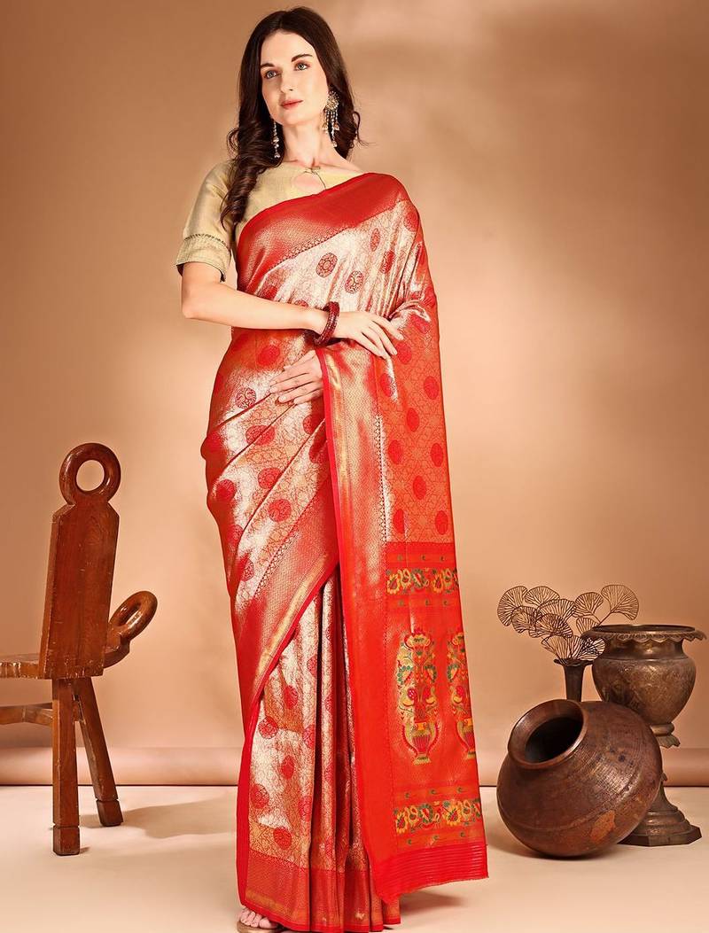 orange ethnic motifs woven design dharmavaram saree
