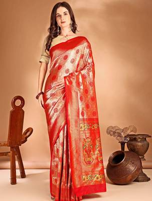orange ethnic motifs woven design dharmavaram saree 2
