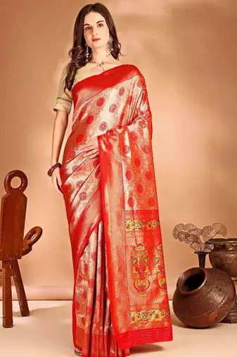 orange ethnic motifs woven design dharmavaram saree