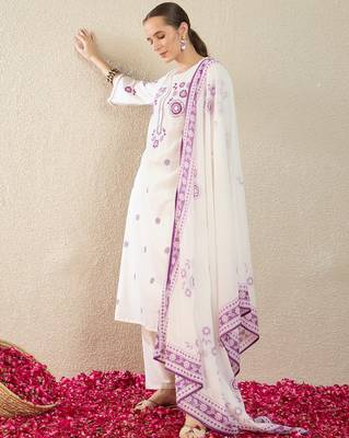 White pure cotton embroidered kurta trouser dupatta set 3
