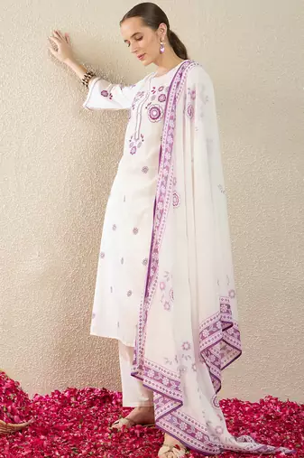 White pure cotton embroidered kurta trouser dupatta set