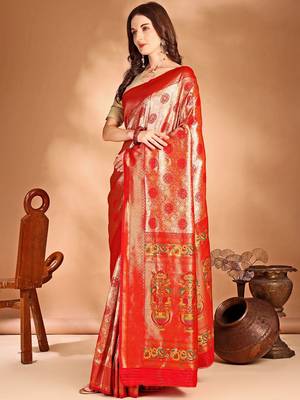orange ethnic motifs woven design dharmavaram saree 3