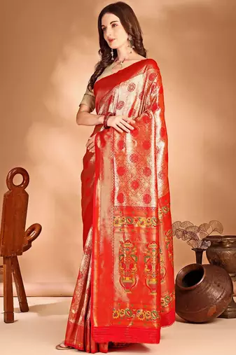 orange ethnic motifs woven design dharmavaram saree