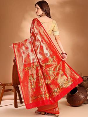 orange ethnic motifs woven design dharmavaram saree 4