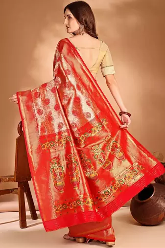 orange ethnic motifs woven design dharmavaram saree