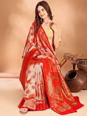 orange ethnic motifs woven design dharmavaram saree 5