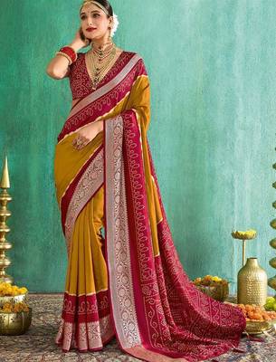 Mustard bandhani zari silk blend bandhani saree 1