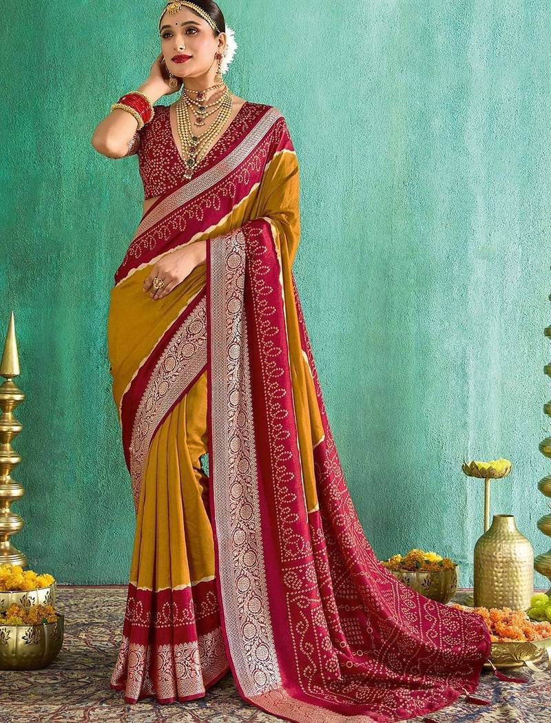 Mustard bandhani zari silk blend bandhani saree