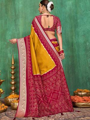 Mustard bandhani zari silk blend bandhani saree 2