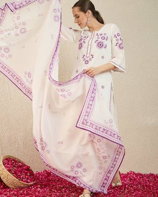 White pure cotton embroidered kurta trouser dupatta set 4
