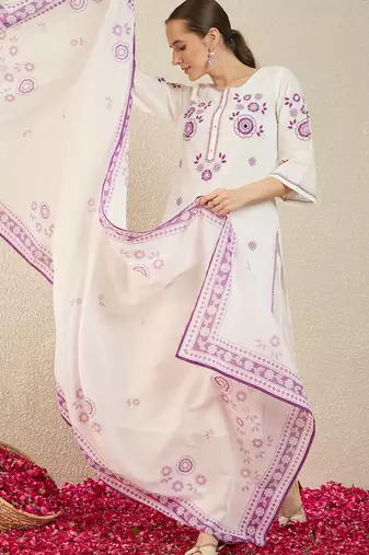 White pure cotton embroidered kurta trouser dupatta set