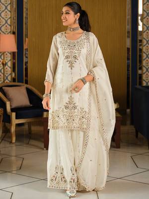 White silk blend embroidered kurta trouser dupatta set 1
