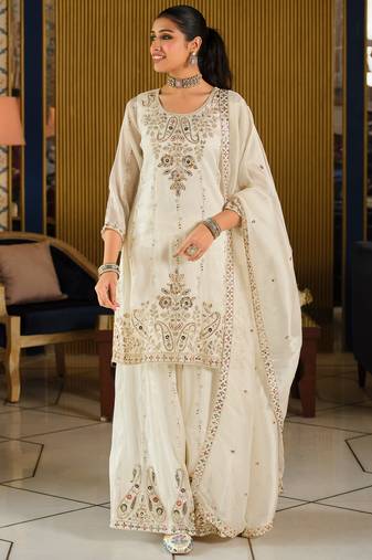 White silk blend embroidered kurta trouser dupatta set