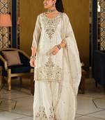 White silk blend embroidered kurta trouser dupatta set
