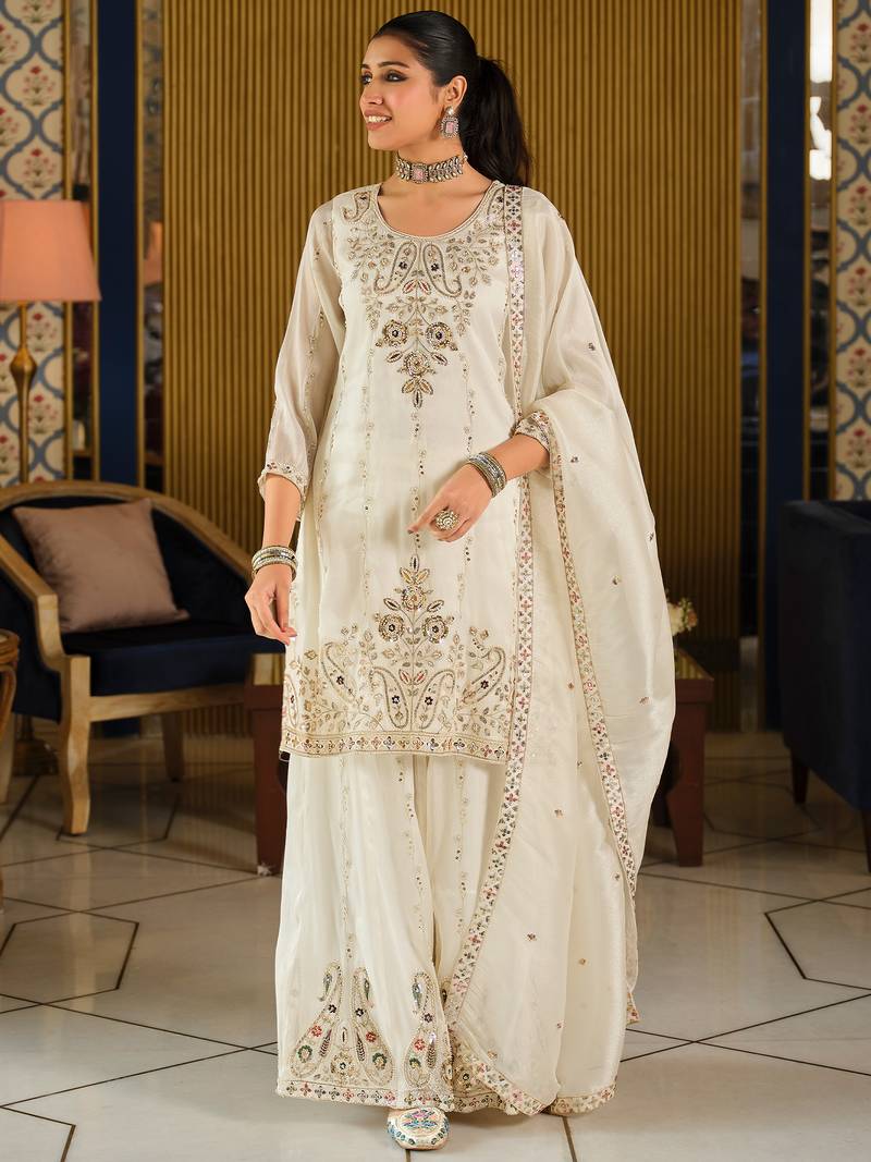 White silk blend embroidered kurta trouser dupatta set