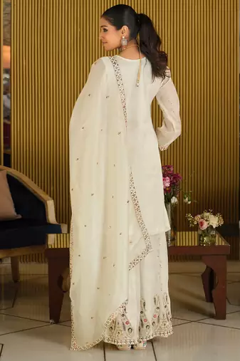 White silk blend embroidered kurta trouser dupatta set