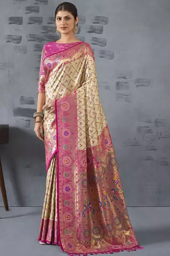 cream woven design zari paithani saree