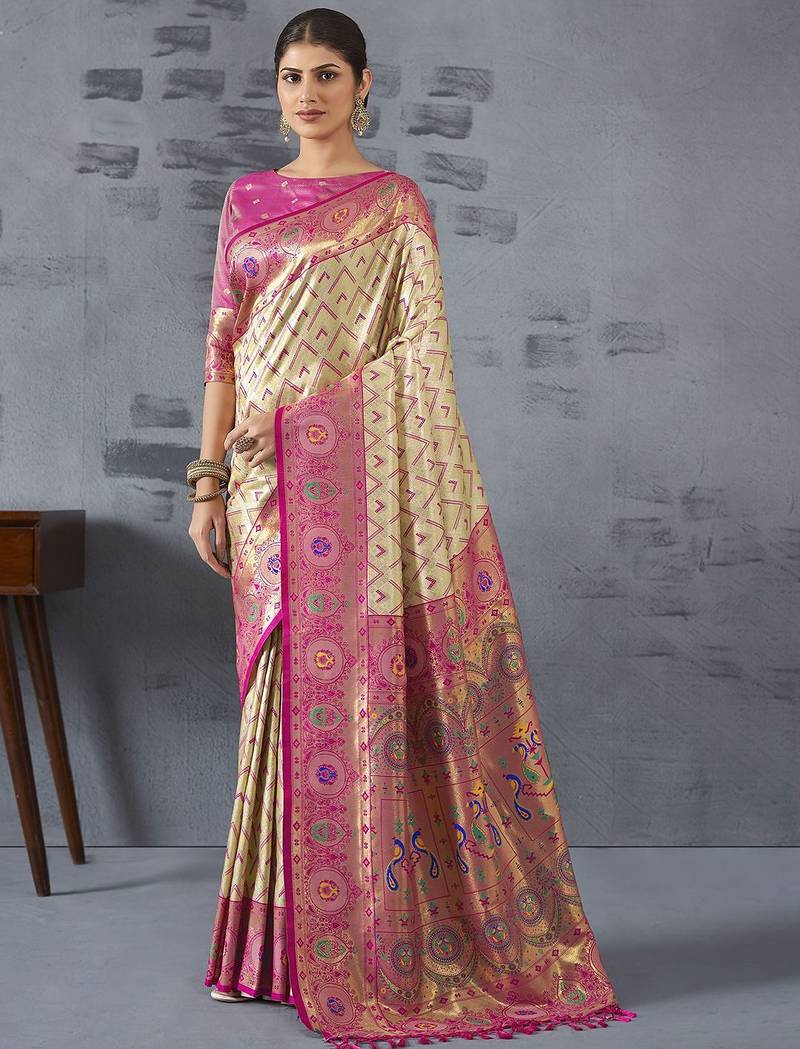 cream woven design zari paithani saree