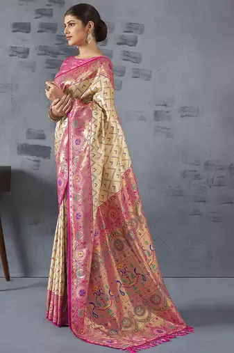cream woven design zari paithani saree