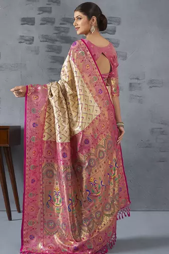 cream woven design zari paithani saree