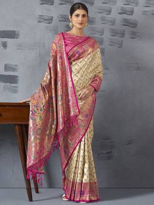 cream woven design zari paithani saree 4