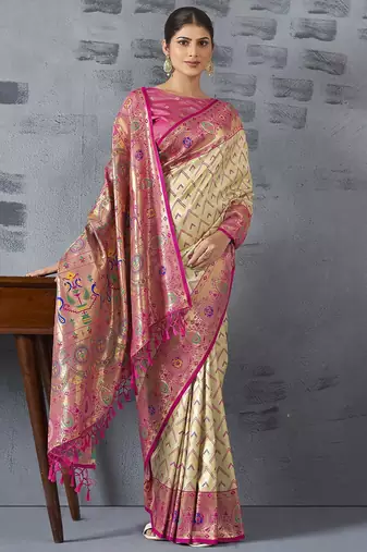 cream woven design zari paithani saree