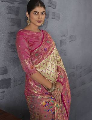 cream woven design zari paithani saree 5