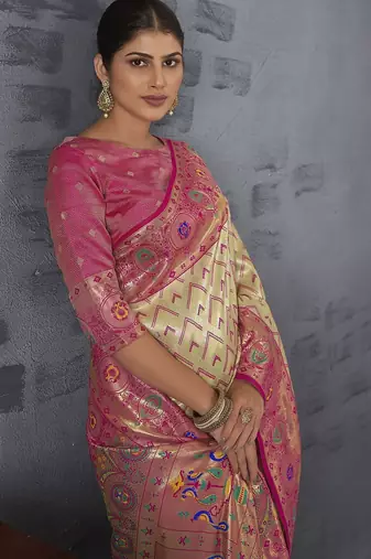 cream woven design zari paithani saree