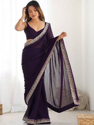 purple embellished zari satin heavy work saree with unstiched blouse 1