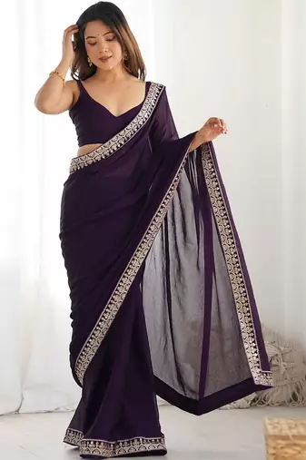 purple embellished zari satin heavy work saree with unstiched blouse