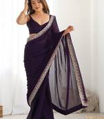 purple embellished zari satin heavy work saree with unstiched blouse