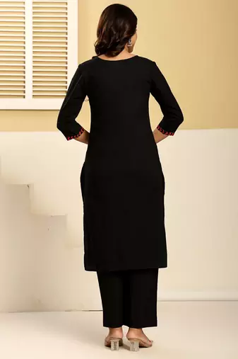 Black pure cotton printed kurta trouser dupatta set