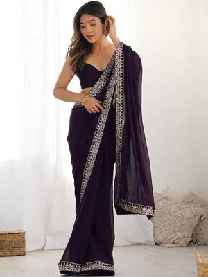 purple embellished zari satin heavy work saree with unstiched blouse 3
