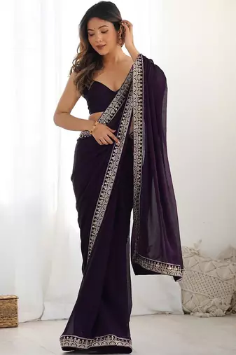 purple embellished zari satin heavy work saree with unstiched blouse