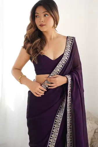 purple embellished zari satin heavy work saree with unstiched blouse