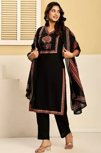 Black pure cotton printed kurta trouser dupatta set