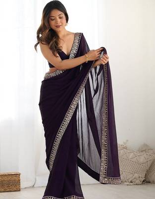 purple embellished zari satin heavy work saree with unstiched blouse 5