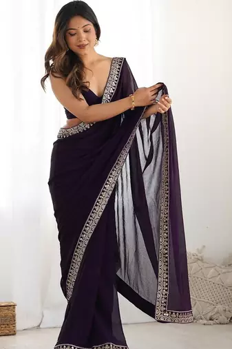 purple embellished zari satin heavy work saree with unstiched blouse