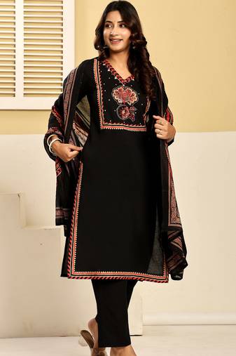 Black pure cotton printed kurta trouser dupatta set