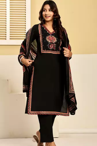 Black pure cotton printed kurta trouser dupatta set