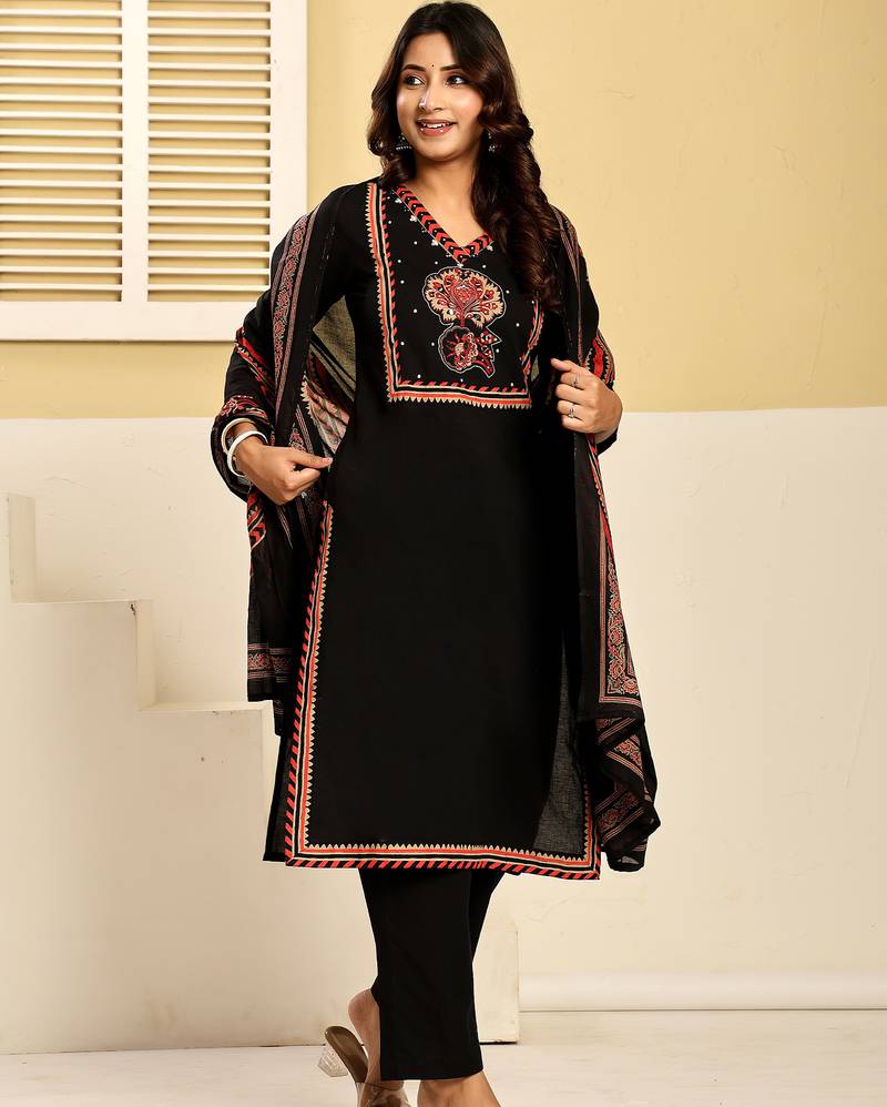Black pure cotton printed kurta trouser dupatta set