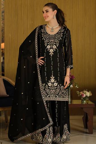 Black silk blend embroidered kurta trouser dupatta set