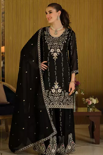 Black silk blend embroidered kurta trouser dupatta set