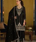 Black silk blend embroidered kurta trouser dupatta set