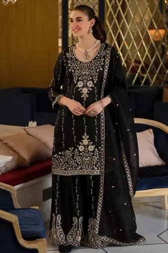 Black silk blend embroidered kurta trouser dupatta set