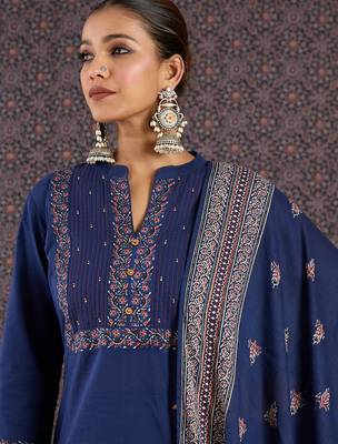 Blue pure cotton printed kurta trouser dupatta set 2