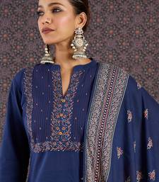 Blue pure cotton printed kurta trouser dupatta set