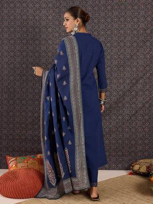 Blue pure cotton printed kurta trouser dupatta set 3