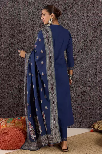 Blue pure cotton printed kurta trouser dupatta set