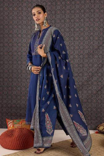 Blue pure cotton printed kurta trouser dupatta set
